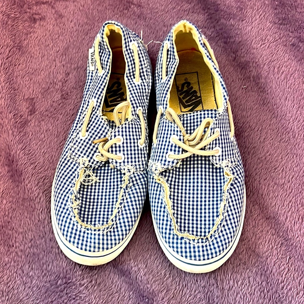 Used Vans white and blue plaid canvas, boat shoes, size 5